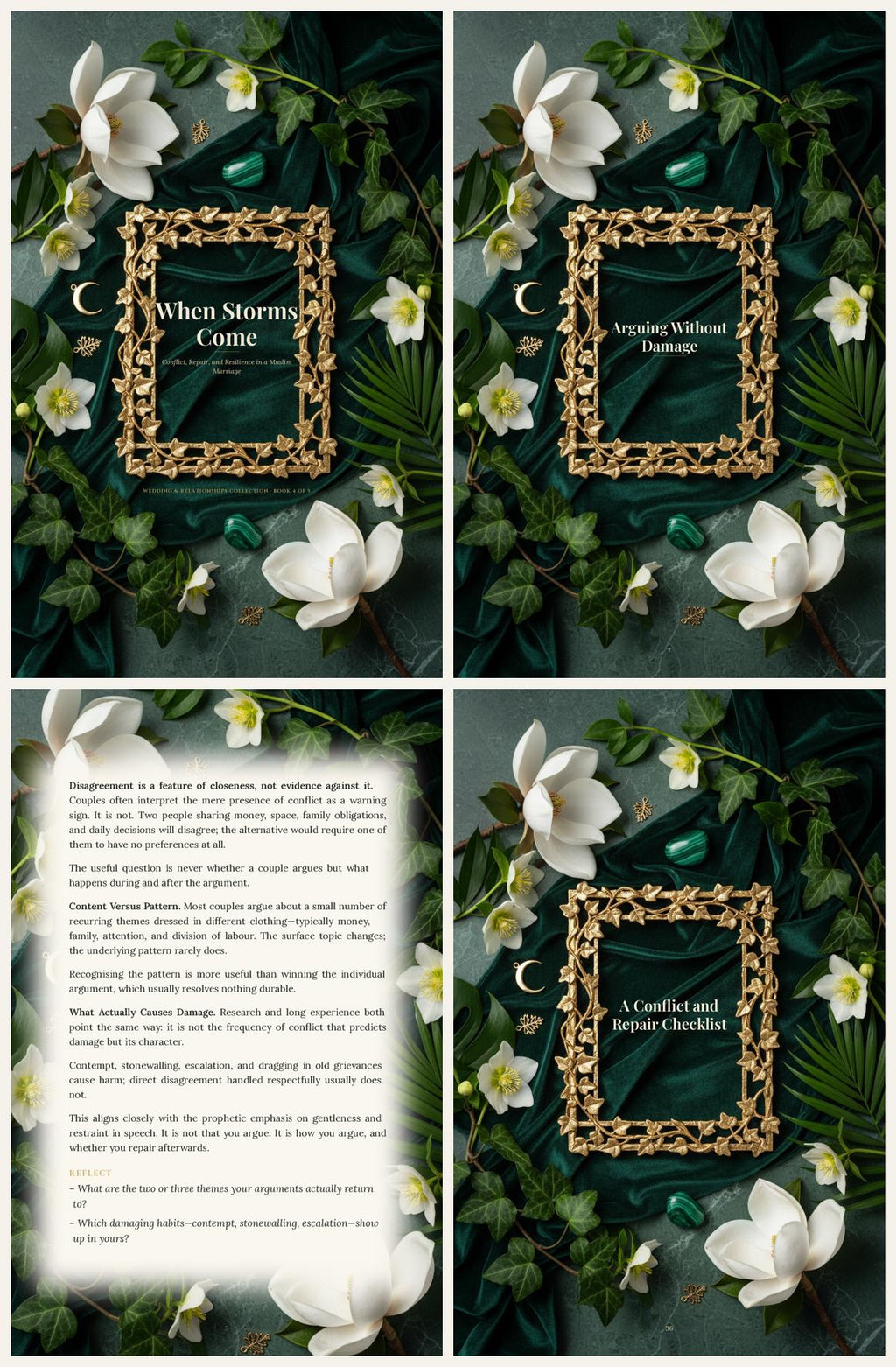 When Storms Come — look inside preview showing cover, chapter divider, reflection page and checklist
