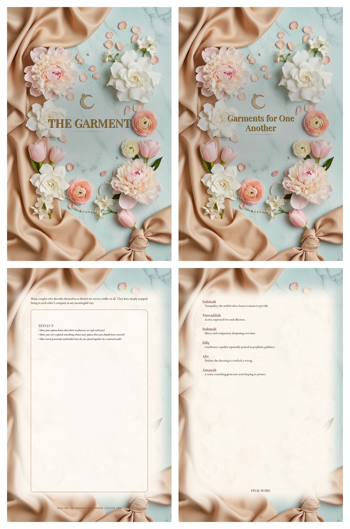 Look inside The Garment: cover, chapter divider, a content page with Reflect box, and the glossary — centered matte-gold titles on the blush-peach floral design