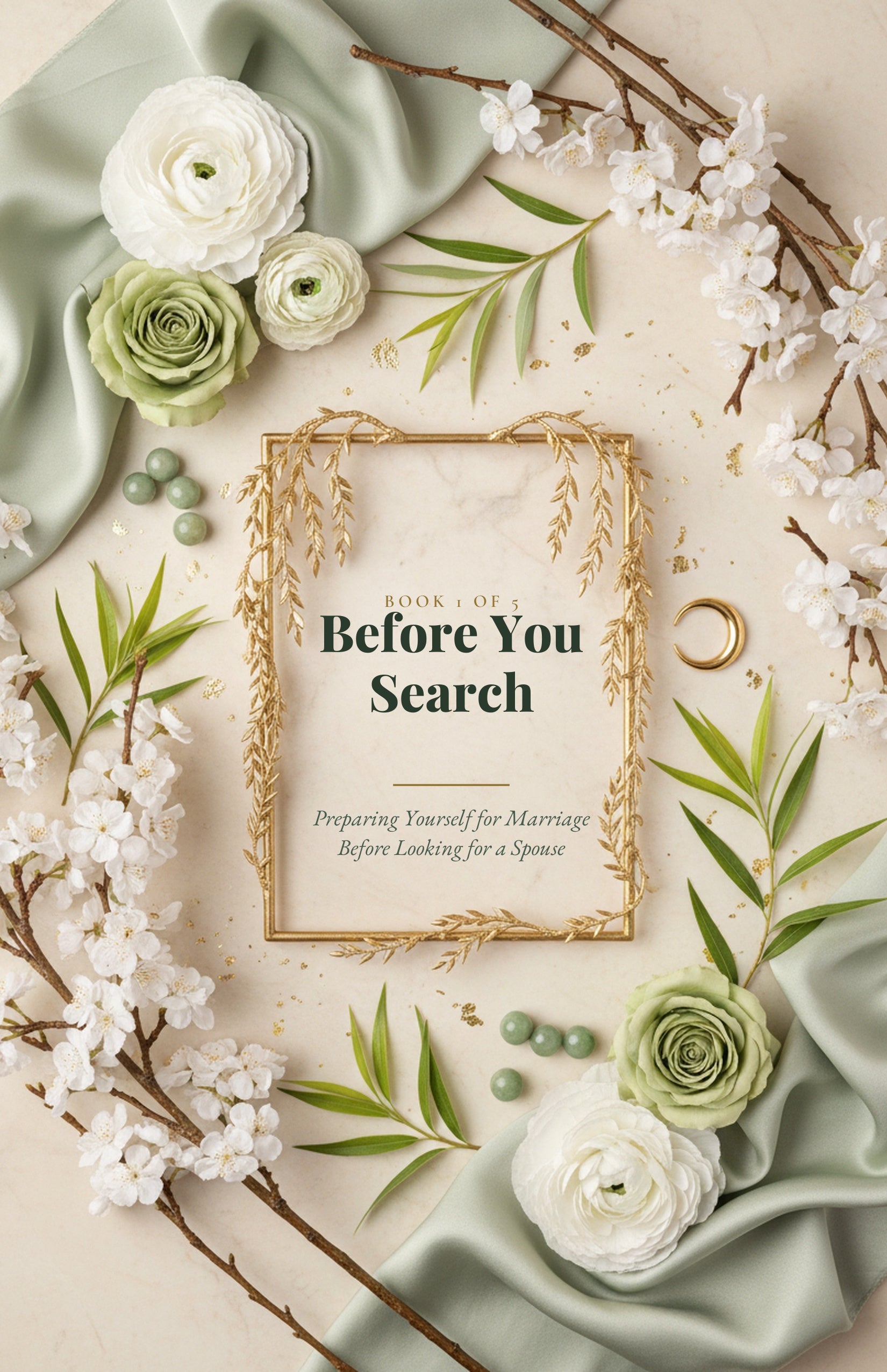 Before You Search book cover — sage and gold floral, Islamic marriage readiness ebook