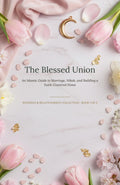 The Blessed Union cover: title on an open marble surface with pink tulips, a gold crescent moon charm, and cherry blossom