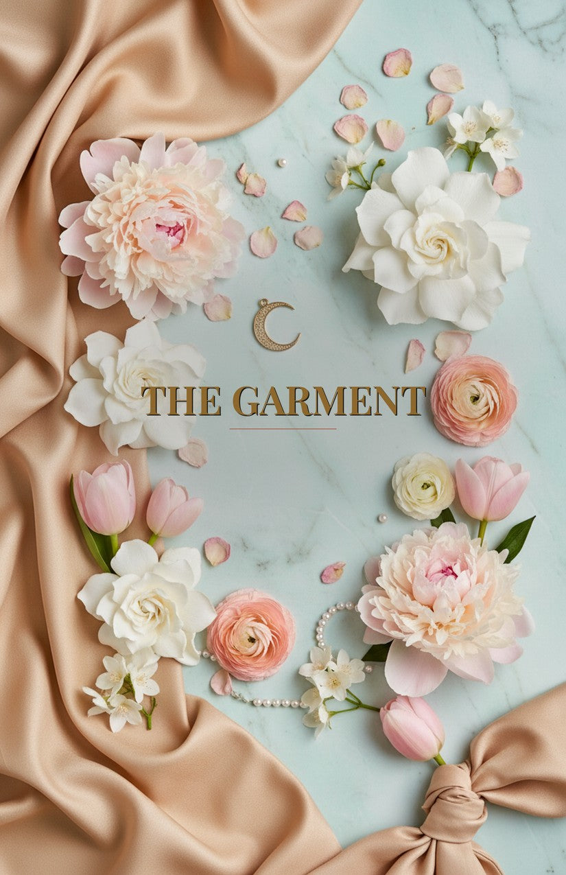 The Garment — full cover, centered gold title, blush-peach florals and satin ribbon on mint marble