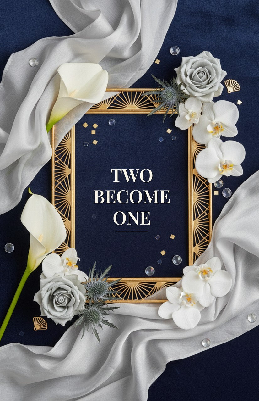 Two Become One — full cover, midnight navy and gold Art Deco frame with silver roses and calla lilies