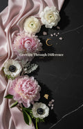 Growing Through Difference ebook cover — dark floral peony rose design