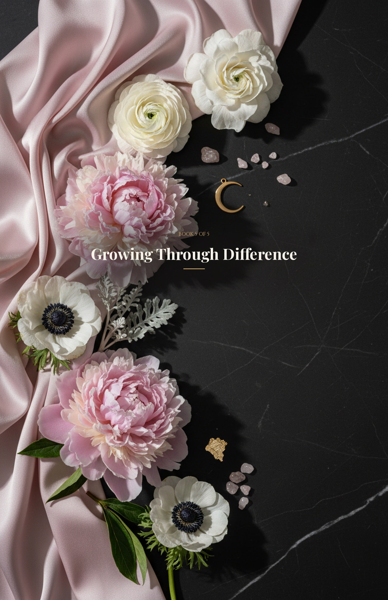 Growing Through Difference ebook cover — dark floral peony rose design