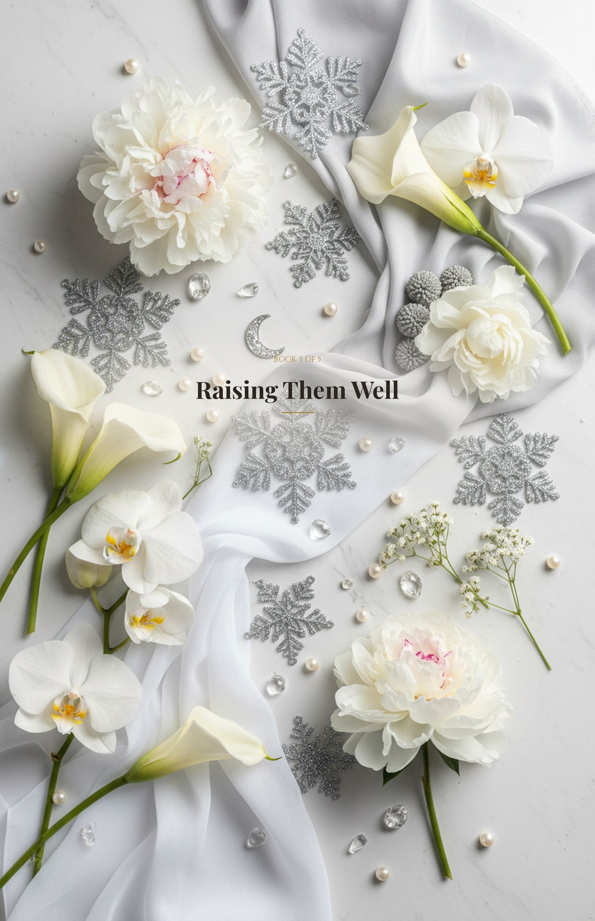 Raising Them Well ebook cover — pearl peonies floral design