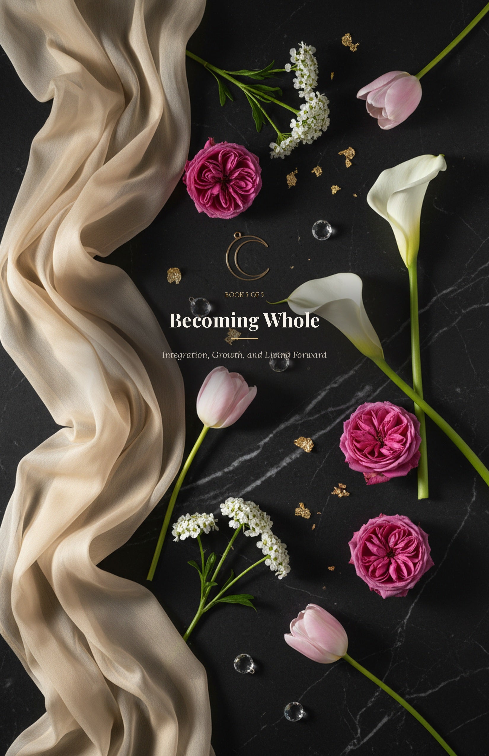 Becoming Whole ebook cover — dark floral calla lilies design