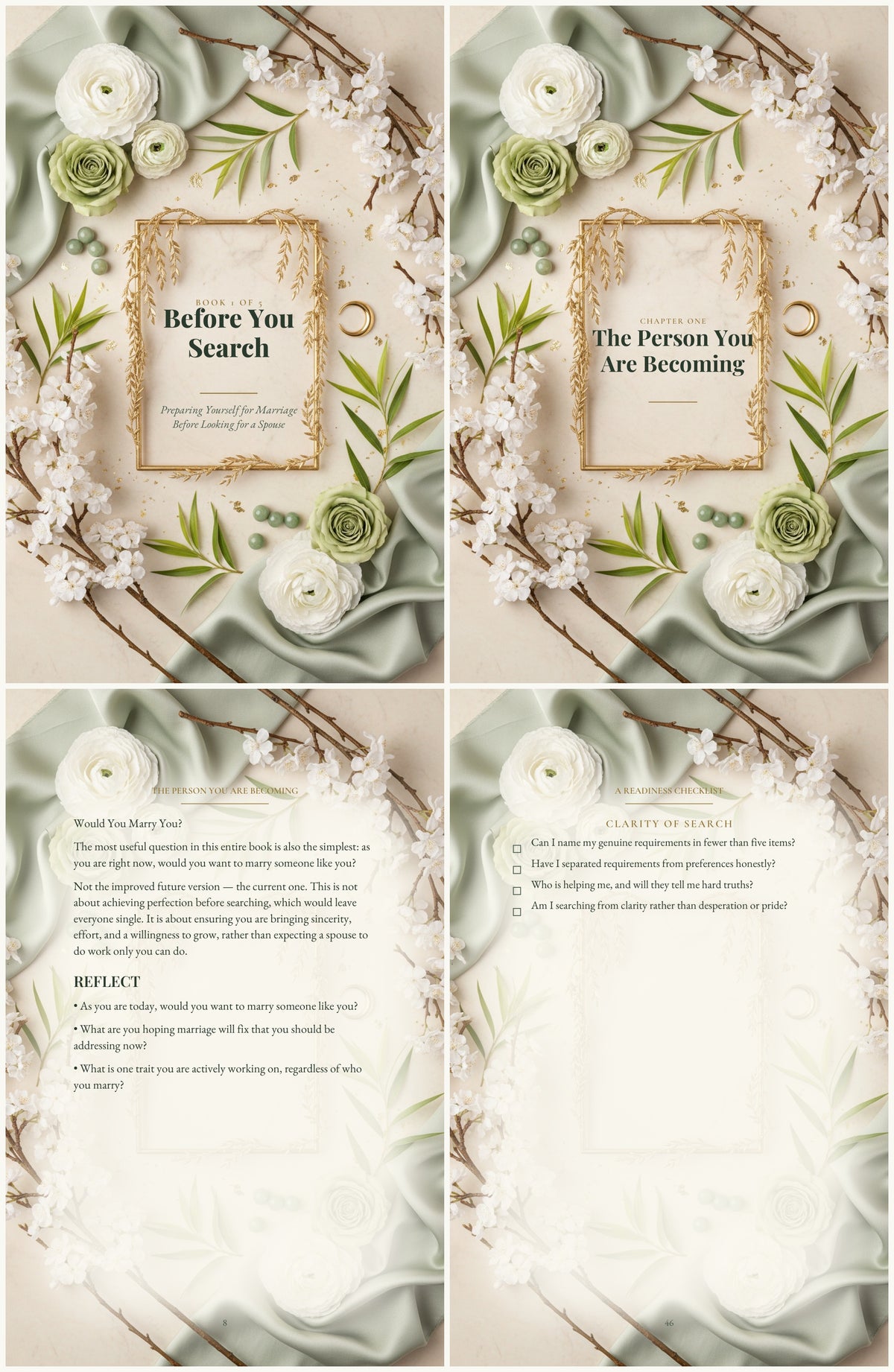 Before You Search look-inside preview — cover, chapter divider, reflection page, and glossary