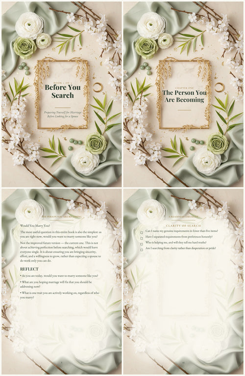 Before You Search look-inside preview — cover, chapter divider, reflection page, and glossary