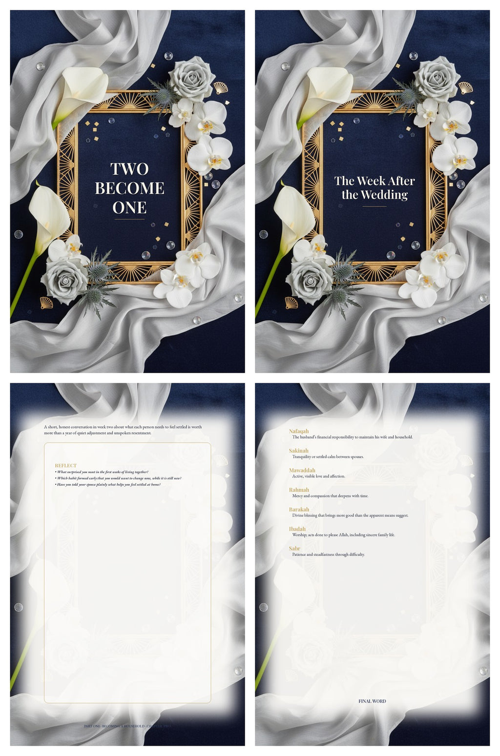 Look inside Two Become One: cover, chapter divider, a content page with Reflect box, and the glossary — the navy and gold Art Deco design runs through every page