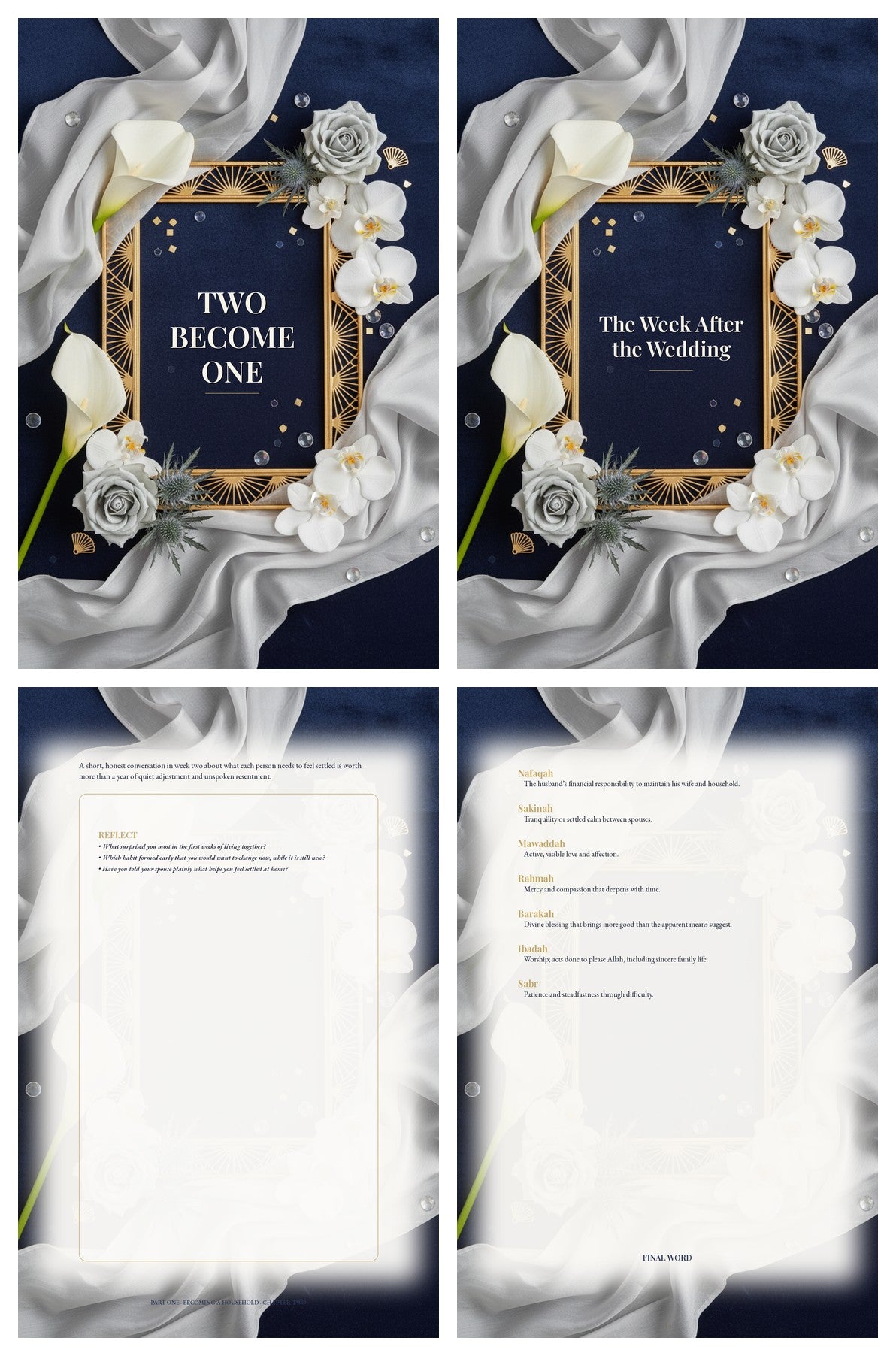 Look inside Two Become One: cover, chapter divider, a content page with Reflect box, and the glossary — the navy and gold Art Deco design runs through every page