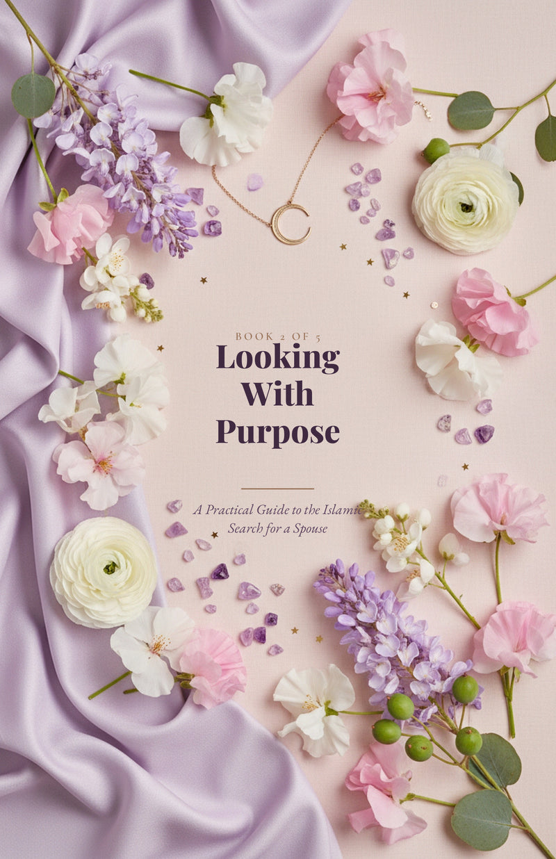 Looking With Purpose book cover — lavender and blush floral, Islamic spouse search ebook