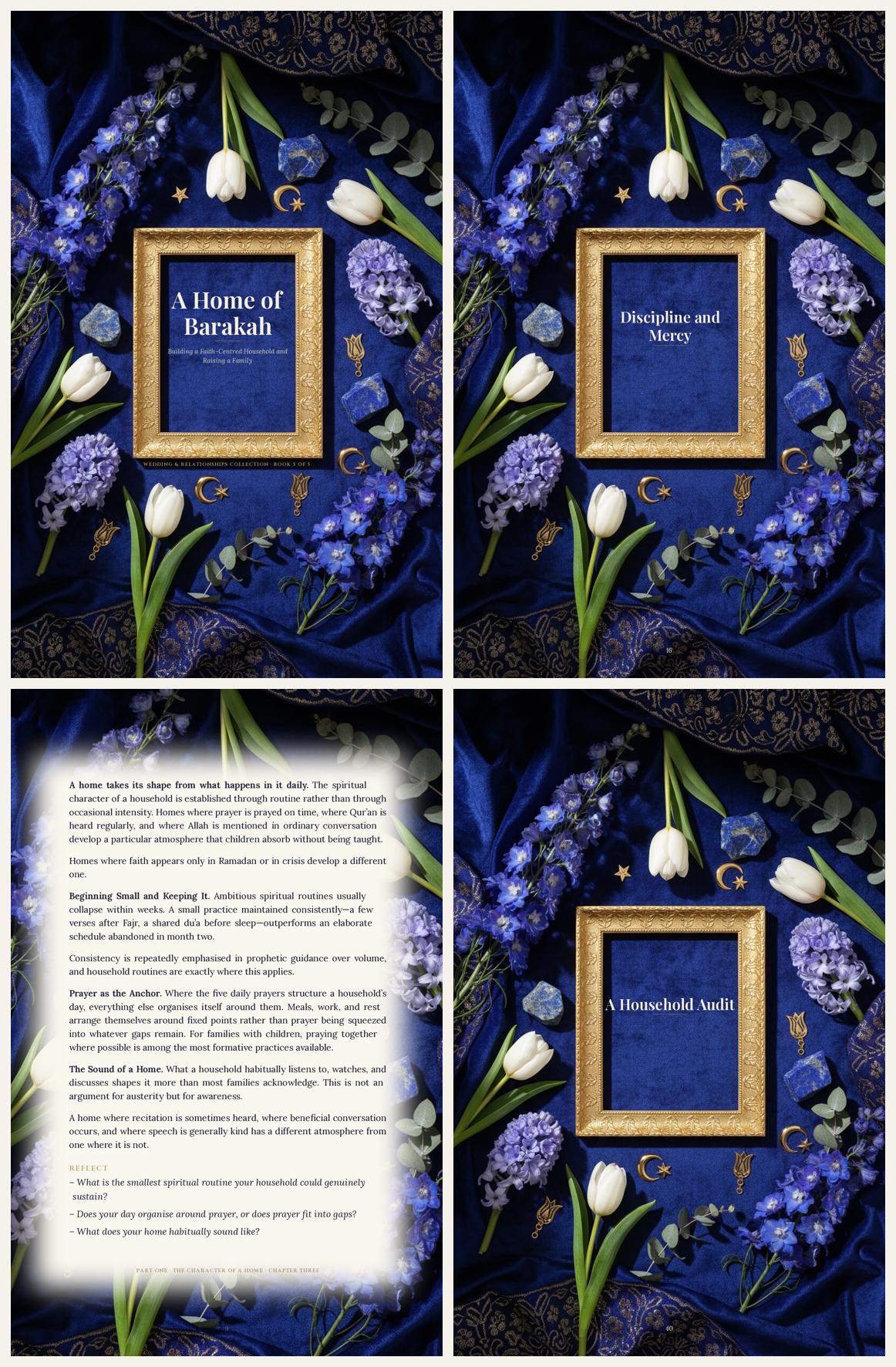 A Home of Barakah — look inside preview showing cover, chapter divider, reflection page and household audit