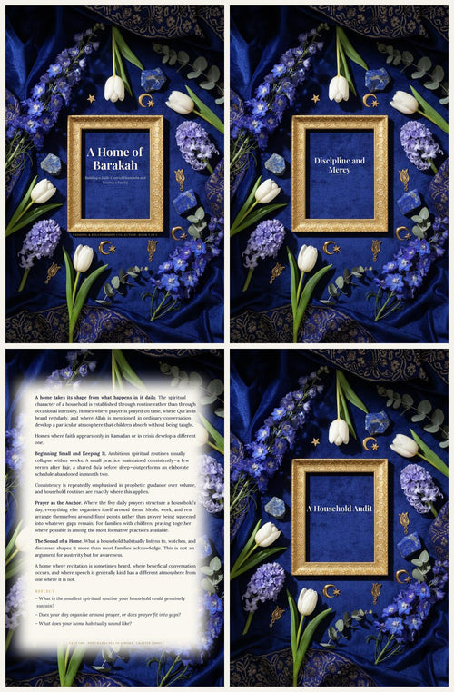 A Home of Barakah — look inside preview showing cover, chapter divider, reflection page and household audit