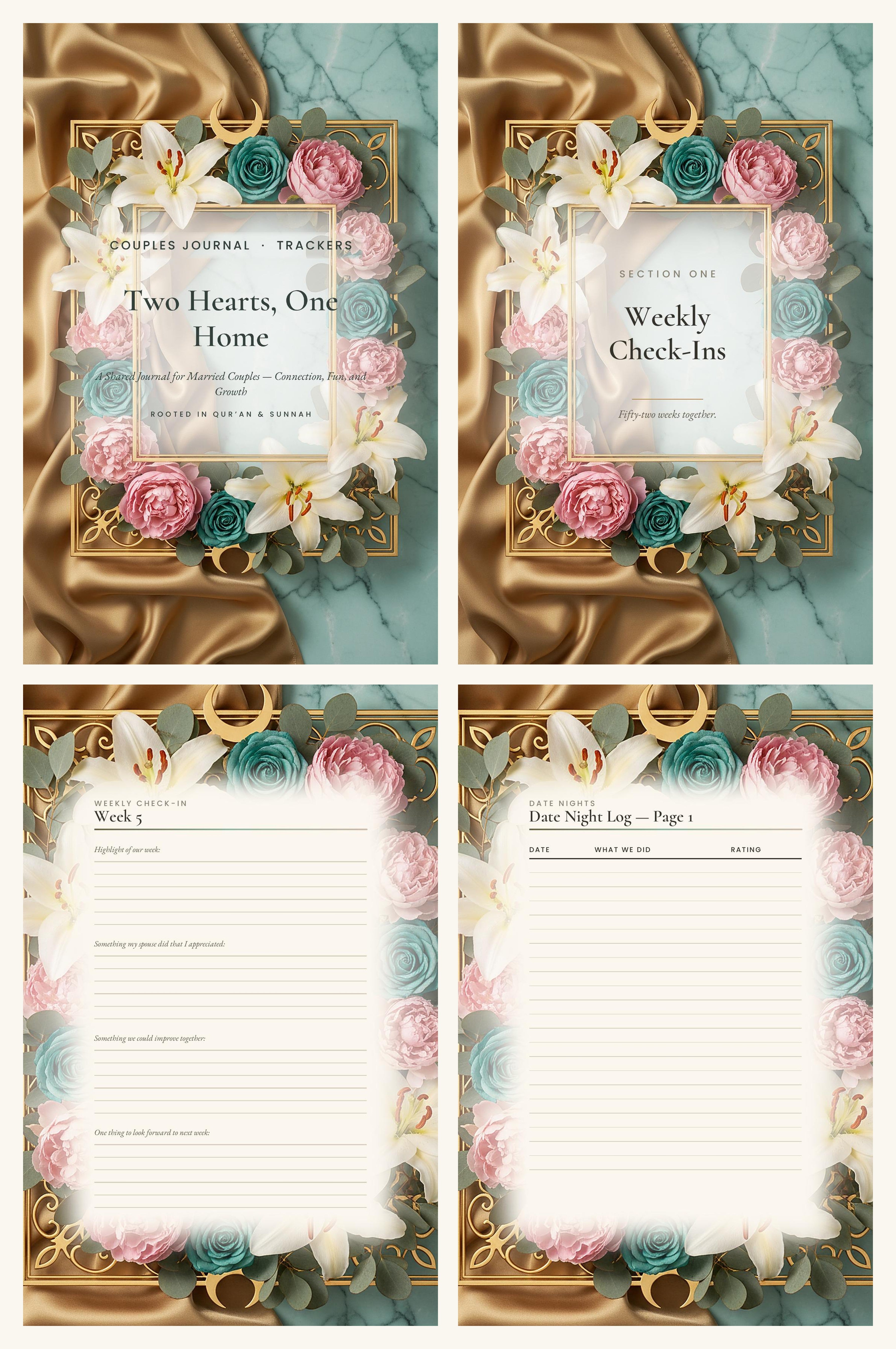 Look inside Two Hearts, One Home: the cover, a section divider, a weekly check-in writing page and the date night log