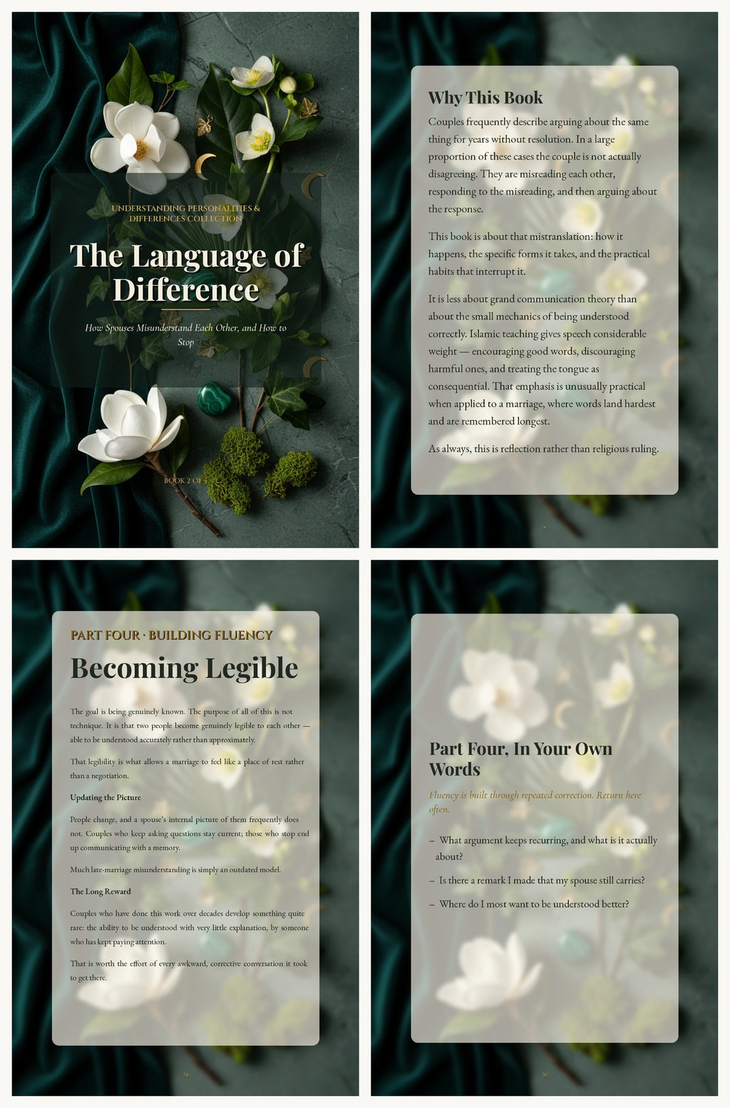 Look inside The Language of Difference: cover, Why This Book, a chapter closing, and a Reflect recap — floral design and readable type throughout