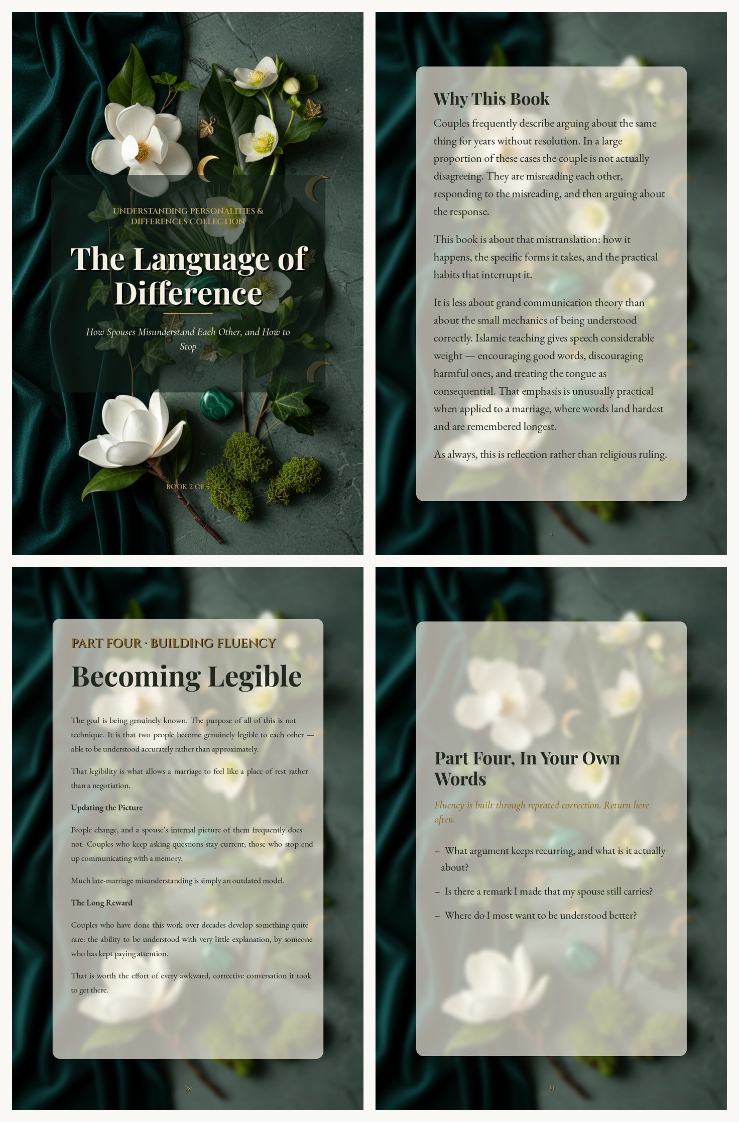 Look inside The Language of Difference: cover, Why This Book, a chapter closing, and a Reflect recap — floral design and readable type throughout