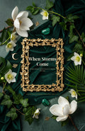 When Storms Come — Islamic marriage conflict and repair ebook cover, gold frame with white magnolias on dark green velvet