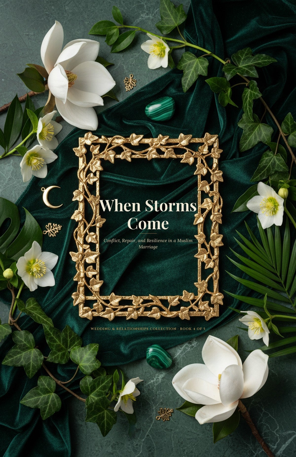 When Storms Come — Islamic marriage conflict and repair ebook cover, gold frame with white magnolias on dark green velvet
